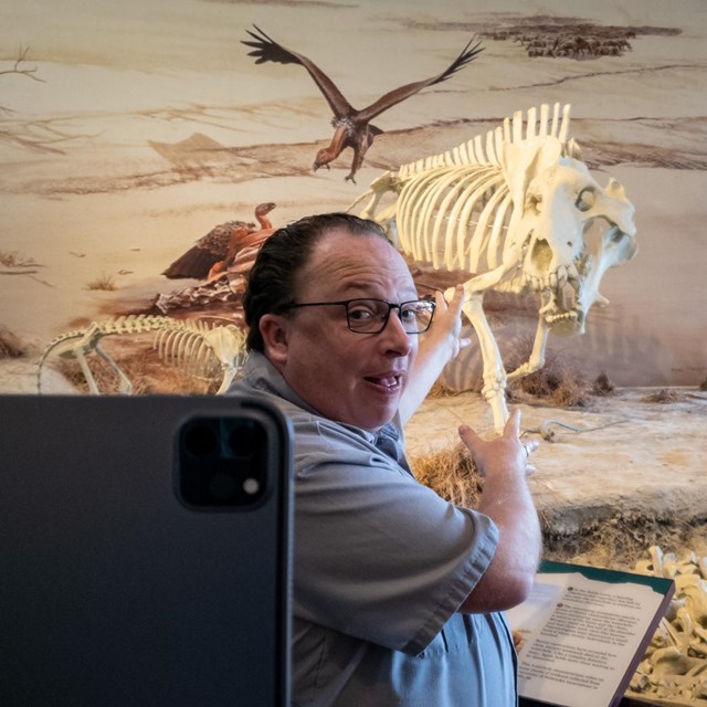 Ranger points behind him towards large fossil skeleton, while looking towards tablet in foreground