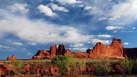View of Courthouse Towers in Arches National Park, Utah.