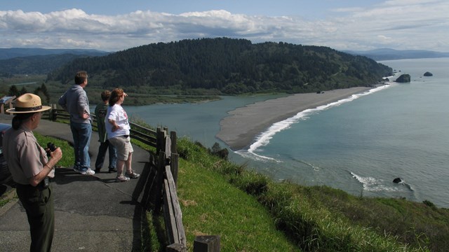Photo of a ranger and visitors overlooking the pacific ocean from a vista in Redwood NP, CA