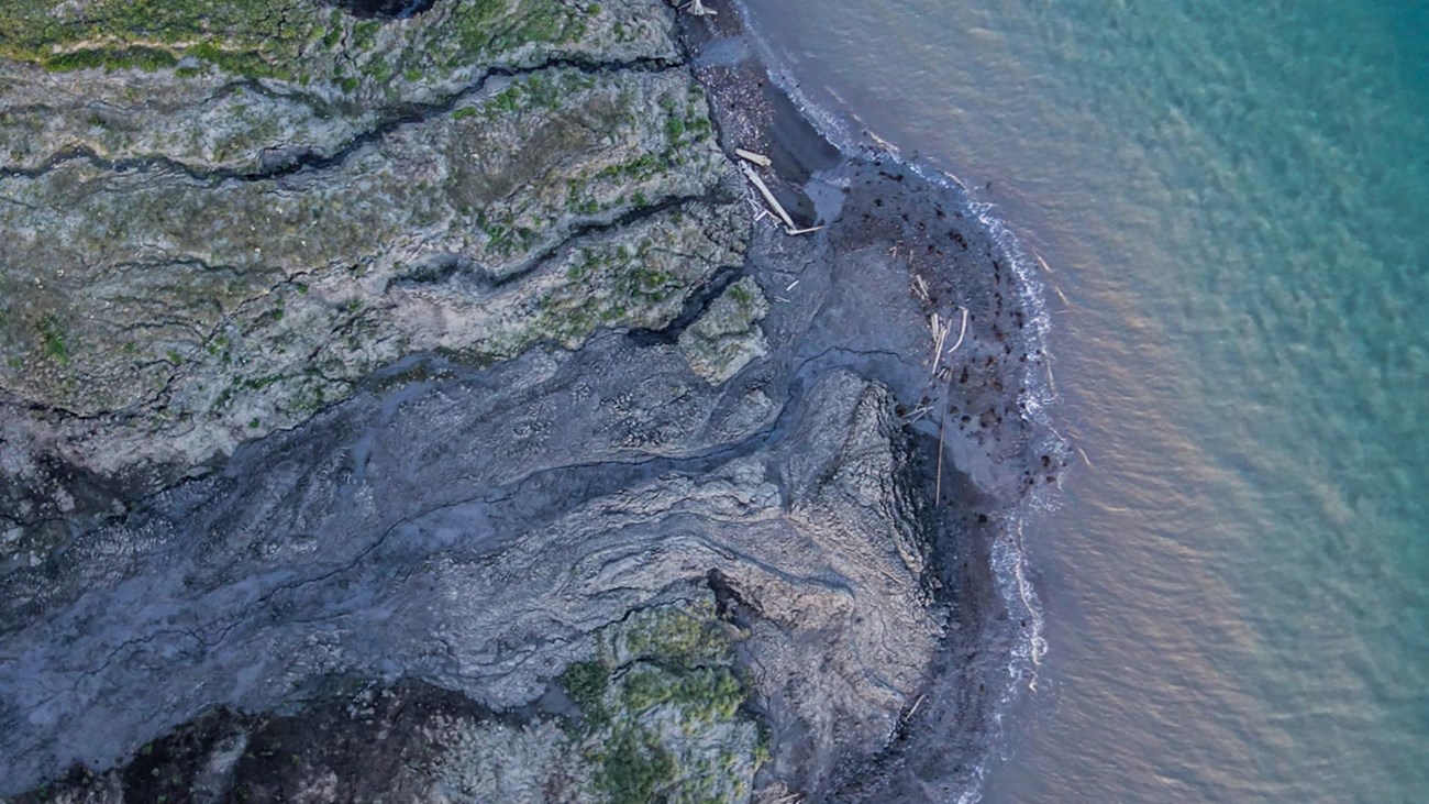 An aerial image of an Arctic coastline.