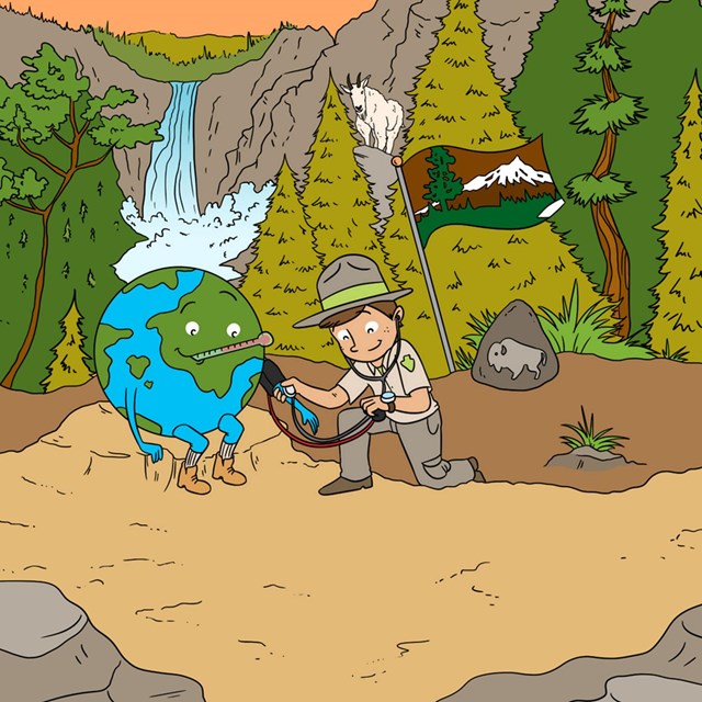 A cartoon of a ranger taking the pulse of the Earth.