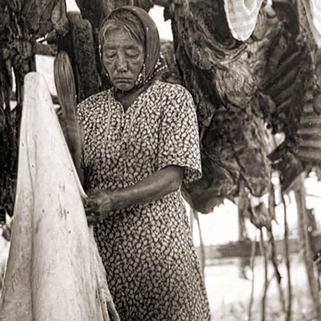 A women stands in front of a moose drying rack. She is holding a tarp.