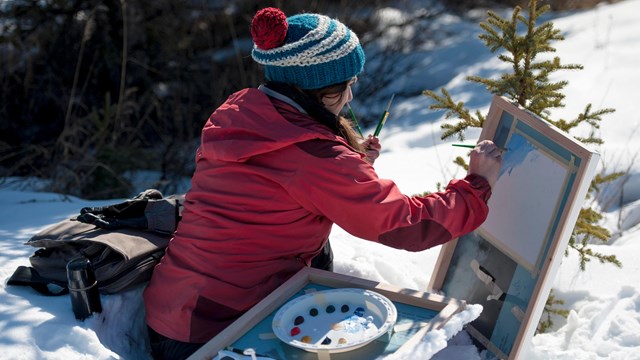 Woman uses small spruce to brace easel during an outdoor painting workshop in denali