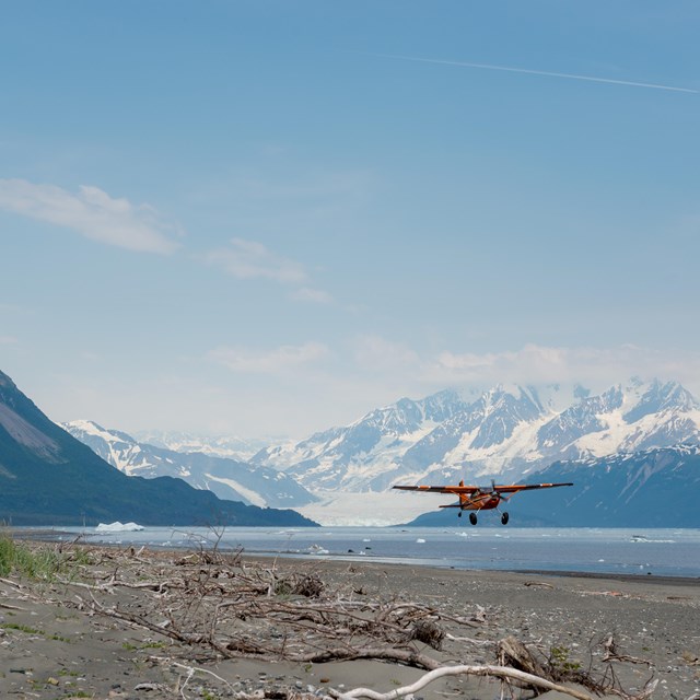 a fixed wing plane lands on a beach in a mountainous area