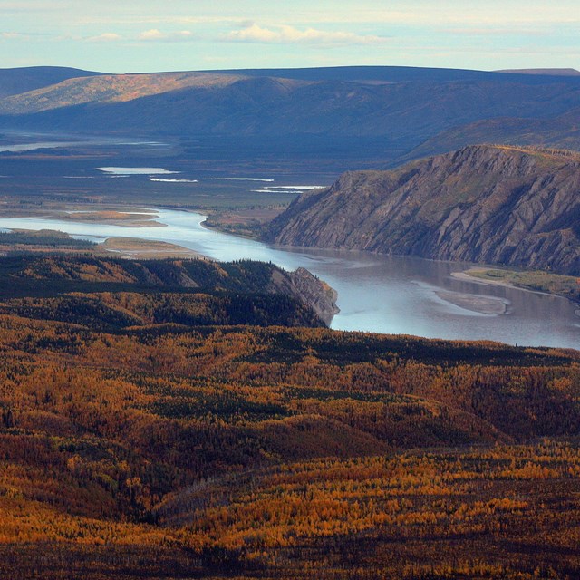 the yukon river winds between mountains in the fall