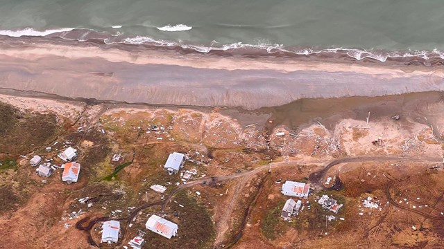 A coastline battered by a storm.