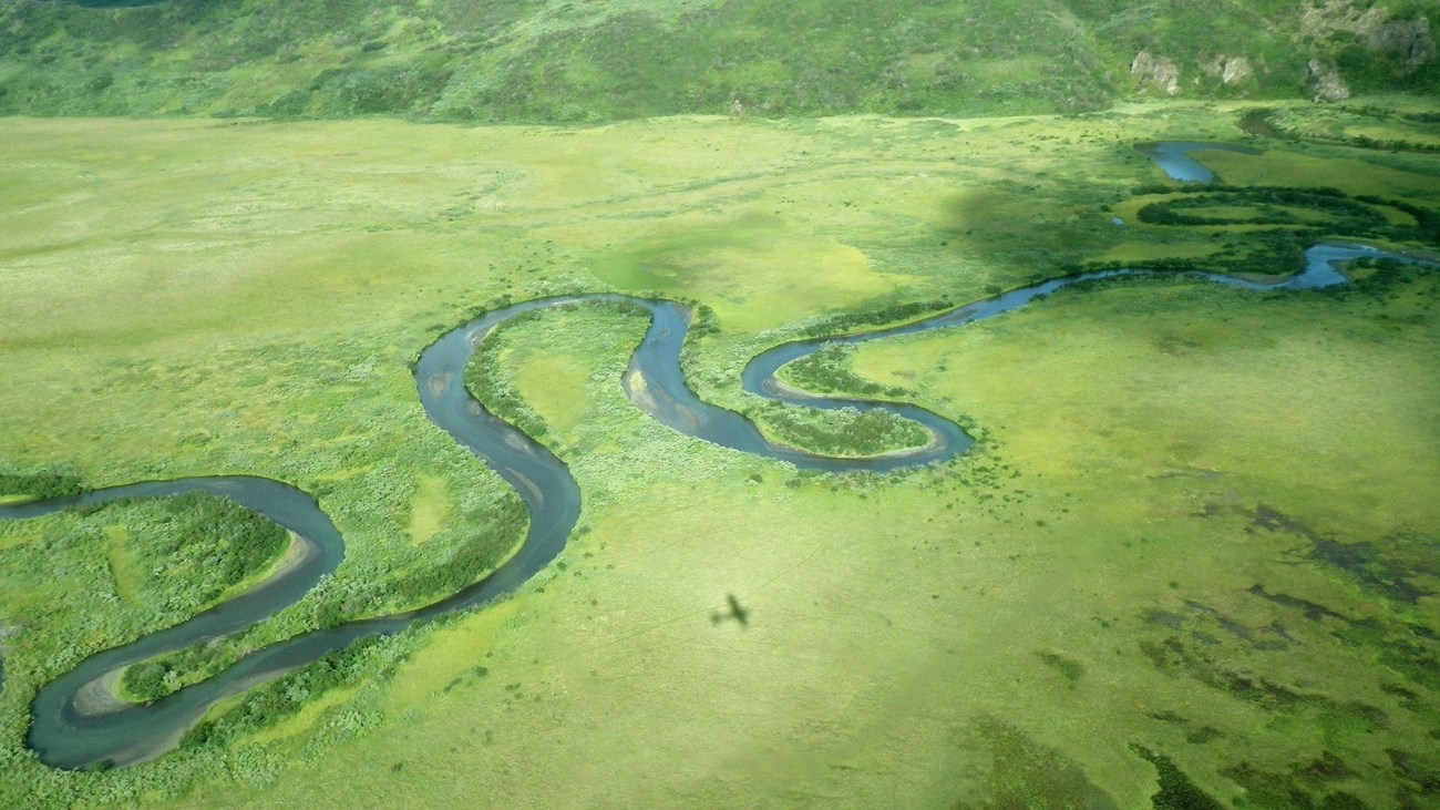 A river winds through a green landscape.