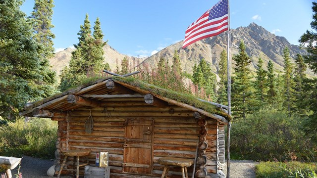 A cabin with flag pole.