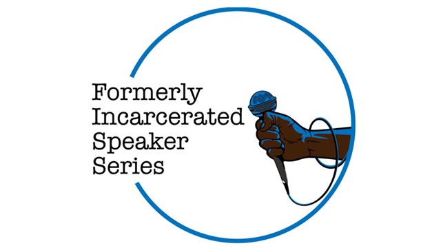 Blue circle surrounds a brown fist holding a microphone with title “Formerly Incarcerated Speaker Se