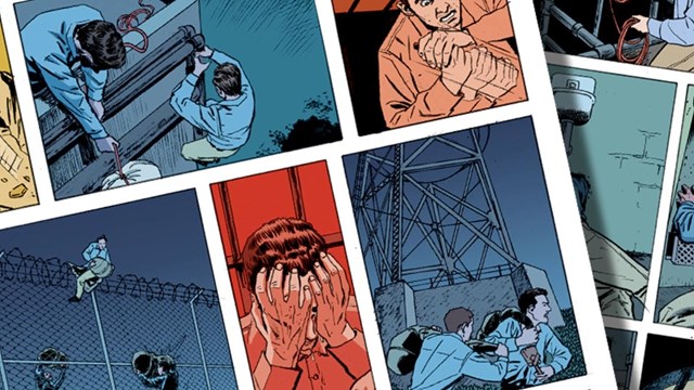 Panels from a comic showing incarcerated men climbing a fence and running under a guard tower.