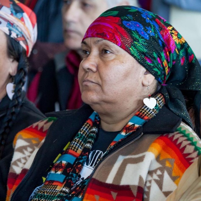 Older indigenous woman in with colorful head scarf, jewelry, and coats sits in crowd.