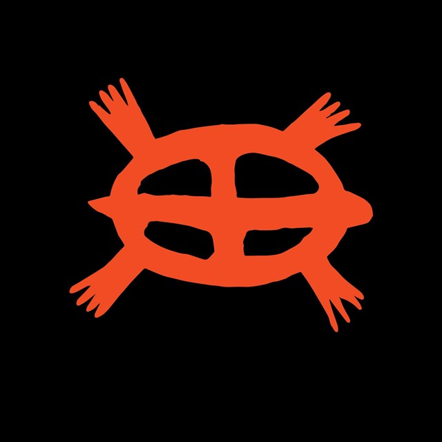 A drawing of a red turtle symbol on a black background