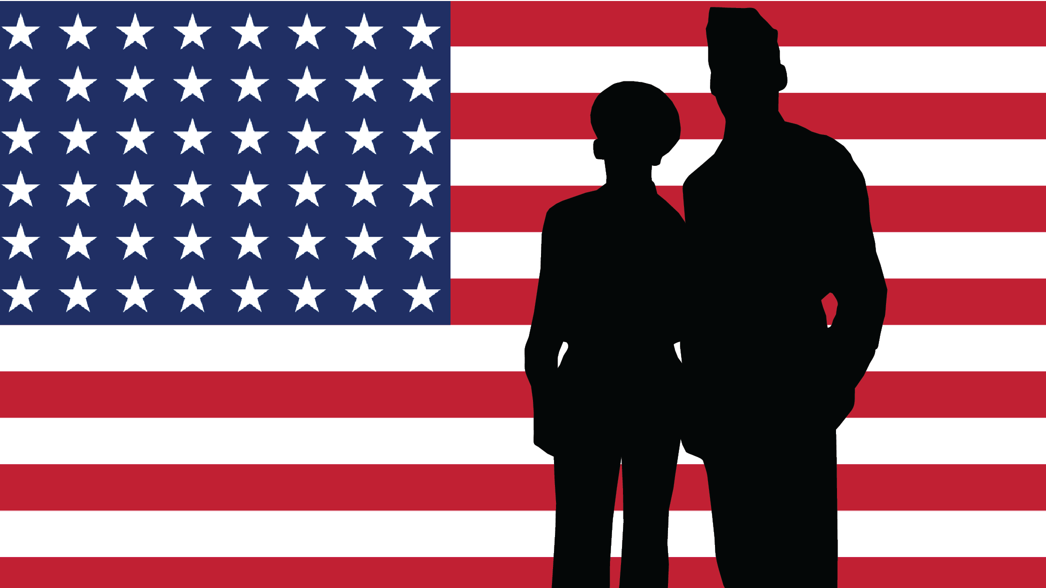 Two silhouettes of uniformed people in front of a 48 star flag