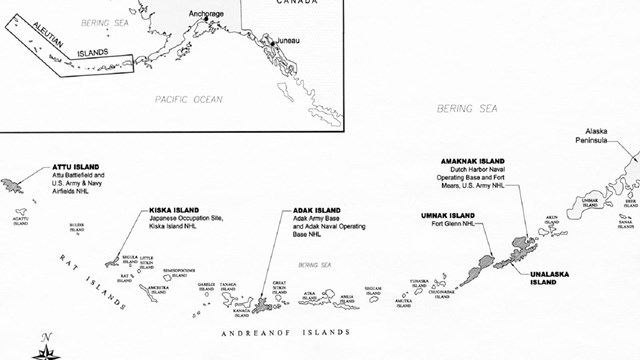 Black and white map of the Aleutian Islands in Alaska