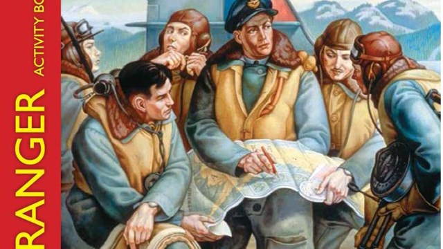 Junior ranger booklet cover with drawing of men examining a map