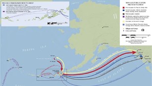 Map of Alaska's Aleutian Islands with colorful arrows on it showing removals. 