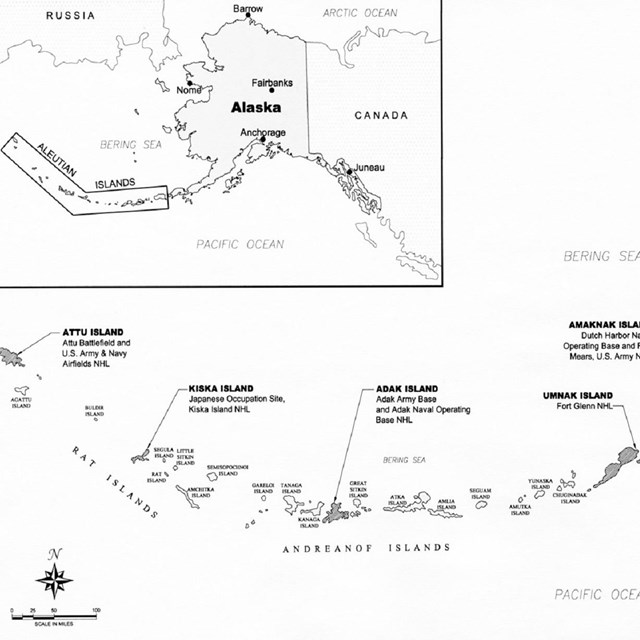 Black and white map of the Aleutian Islands in Alaska
