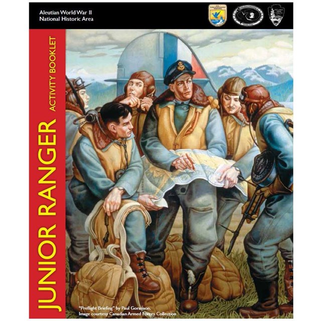 Junior ranger booklet cover with drawing of men examining a map