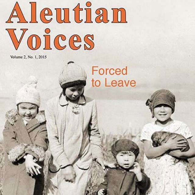 Sepia-toned cover with four children. Text: Aleutian Voices: Forced to Leave