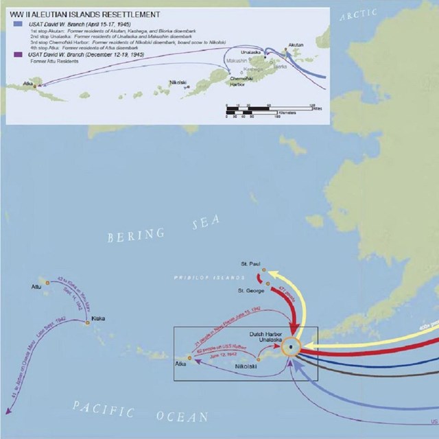 Map of Alaska's Aleutian Islands with colorful arrows on it showing removals. 