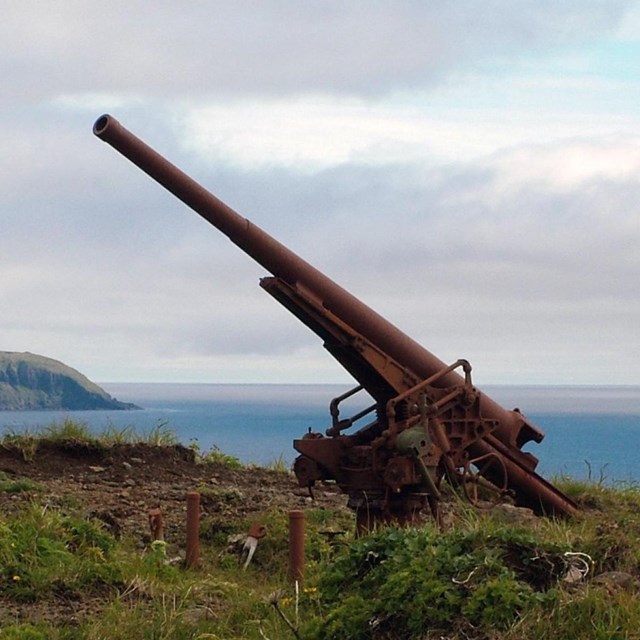 a rust-covered, enormous gun points toward the sky from a grassy hill in a coastal mountain range.