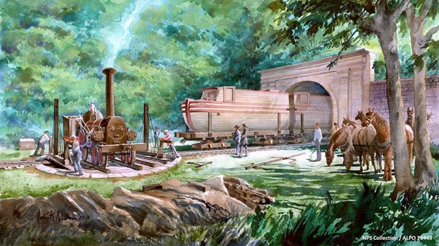 Tunnel with a locomotive and horses