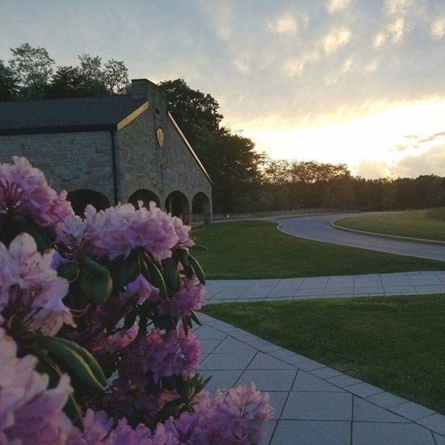 A view of the Visitor Center at sunset.