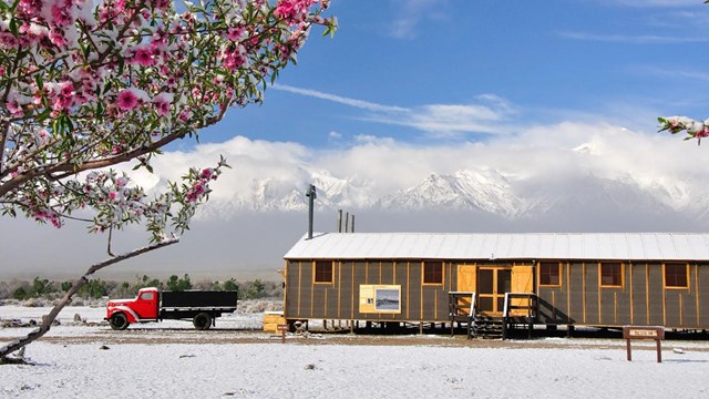 barracks at an incarceration site with snowy mountains in the background. 