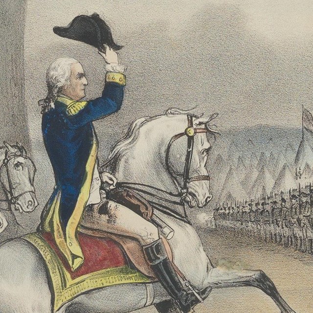 Hand-colored lithograph of George Washington on a horse in front of a line of troops