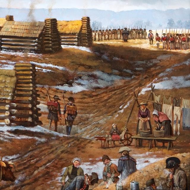 Painting depicting the Valley Forge encampment.