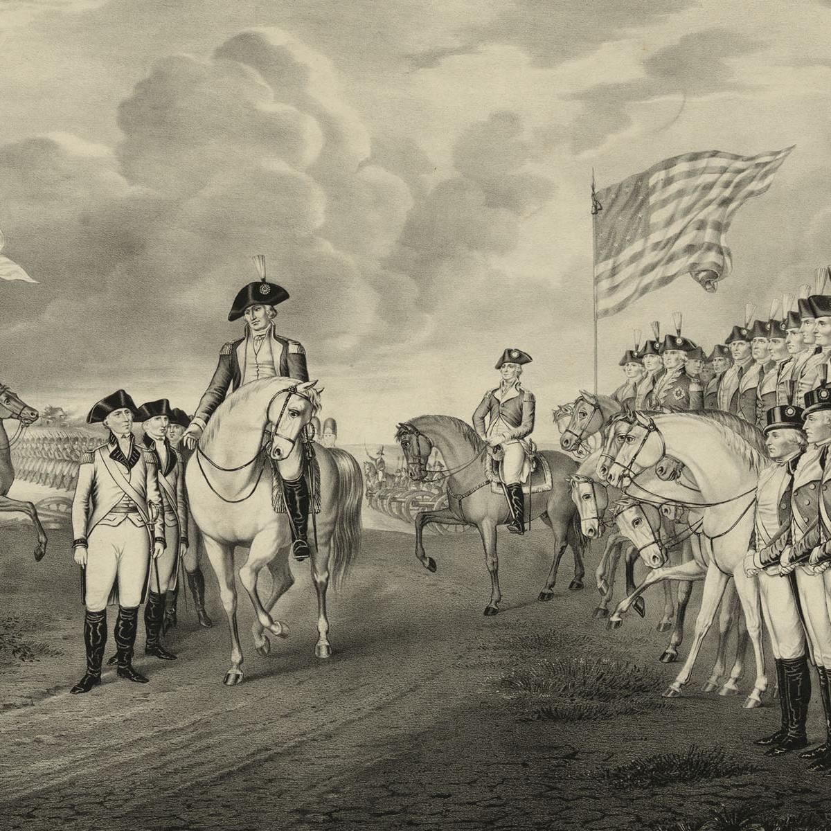 A lithograph of General Cornwallis on a horse surrendering to General Washington 