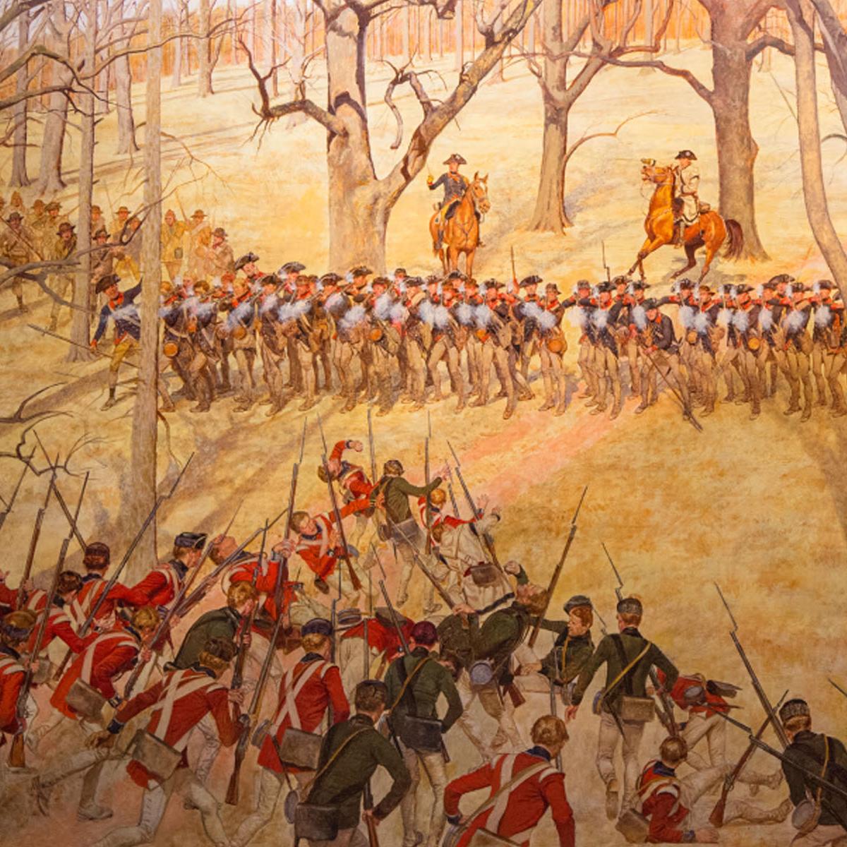 A painting of a musket volley fired from blue coated soldiers at a ragged line of British troops.