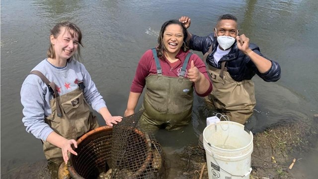 Three people in the water holding equipment. 