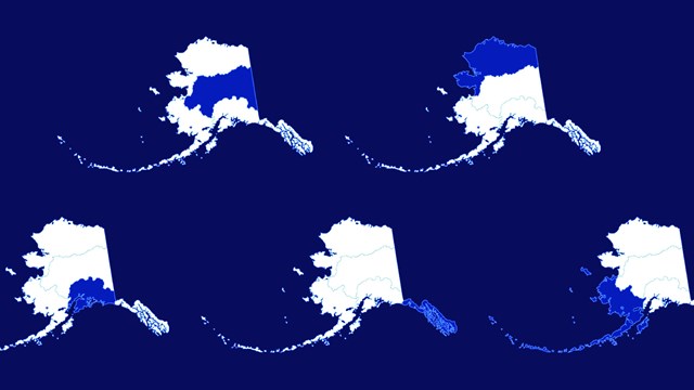 Graphic five white outlines of Alaska with different regions highlighted in blue.