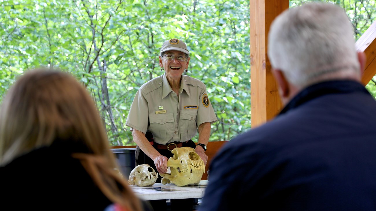 Outside; adults with backs to viewer, looking at uniformed person holding an animal skull on table.
