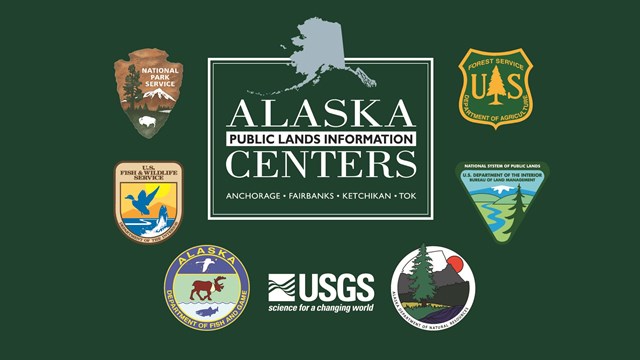 Graphic with multiple public lands agency logos on dark green background.