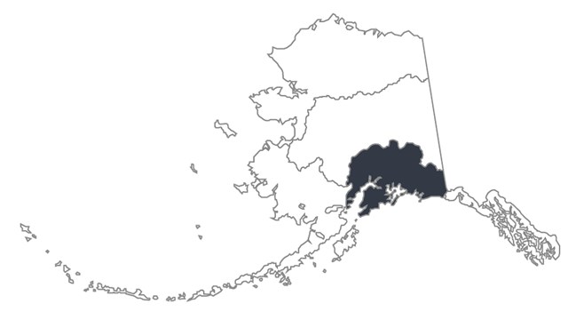 Map of Alaska broken into 5 outlined sections; lower, middle section darkened.