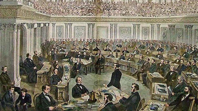 A Harper's Weekly image of Andrew Johnson's impeachment trial