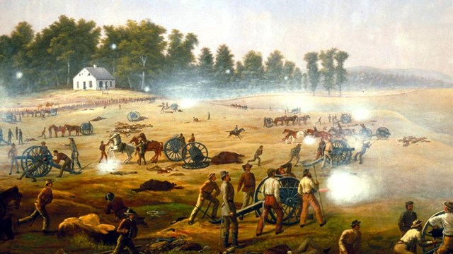 painting of a battle scene with soldiers marching and firing cannon