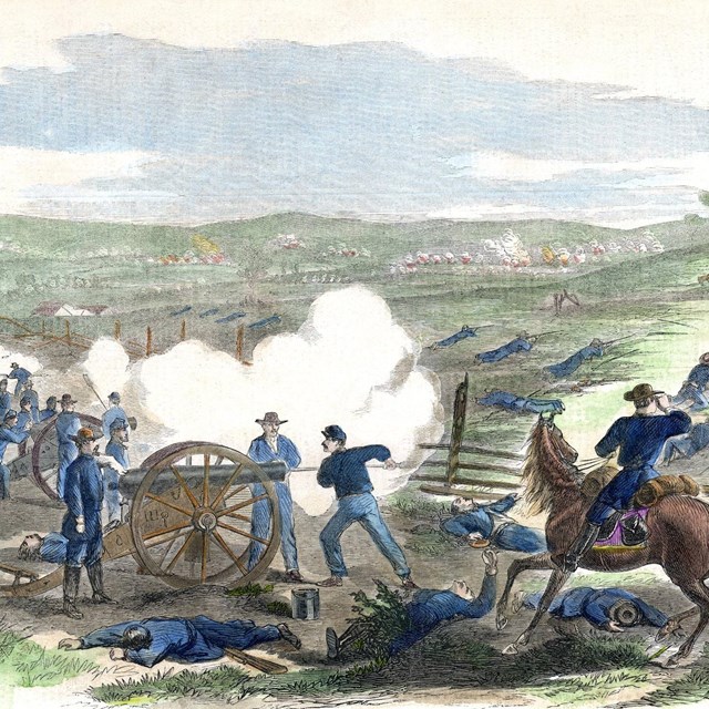 sketch of civil war cannon firing with an soldier on a horse in the foreground. 