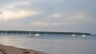A number of sailboats are anchored out in the lake, just off of a sandy beach.