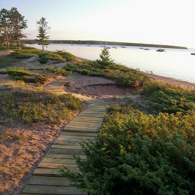 A wooden boardwalk in the sand leading to water with sailboats. 