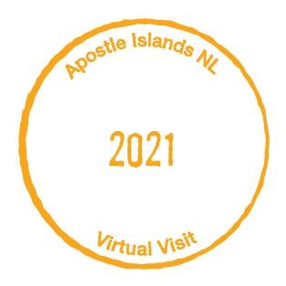 Orange text in a circle reading: Apostle Islands NL, 2021, Virtual Visit.