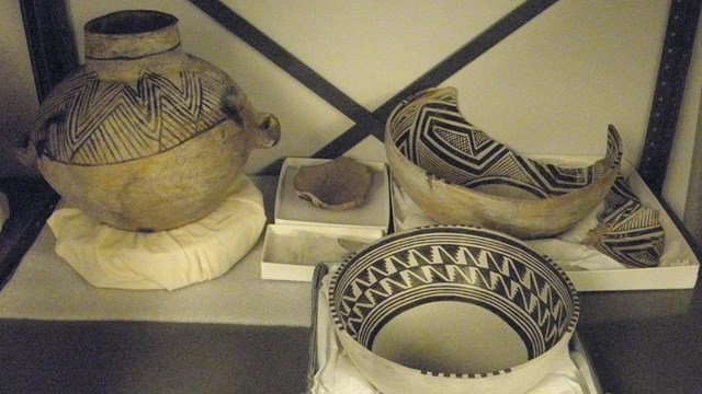 Photograph of an archeology collection in a museum cabinet.