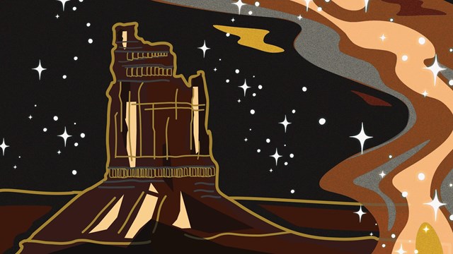 multicolored graphic of a stone tower, stars, and the Milky Way