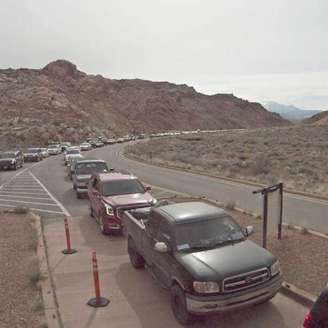 a road with a long line of cars