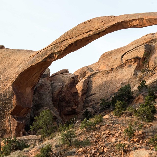 a broad, thin red rock arch