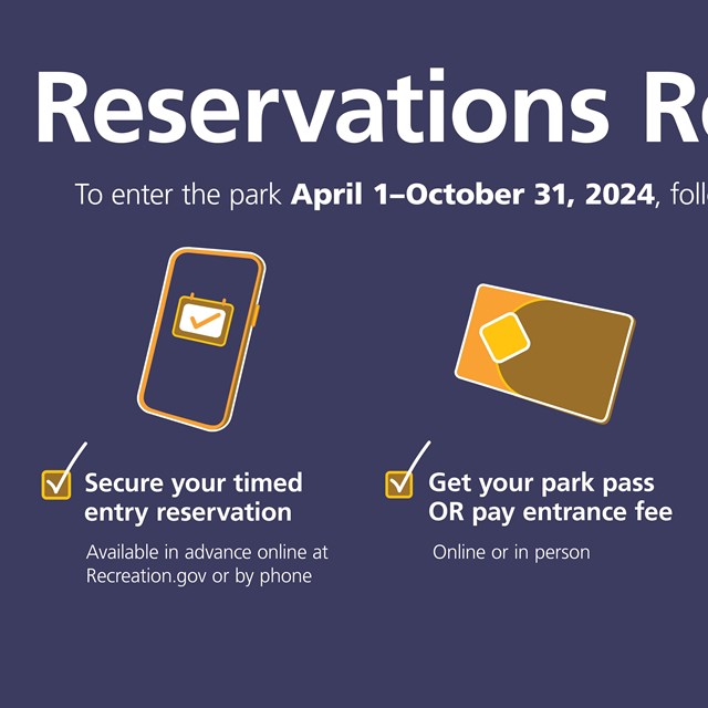 A blue and yellow graphic outlining what is required to enter arches, including a reservation.