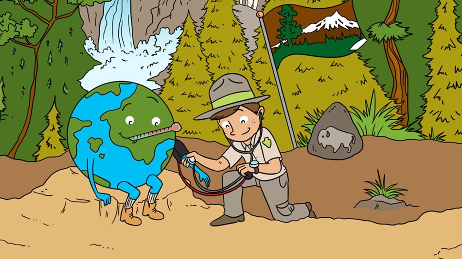A cartoon of a ranger taking the pulse of the Earth.