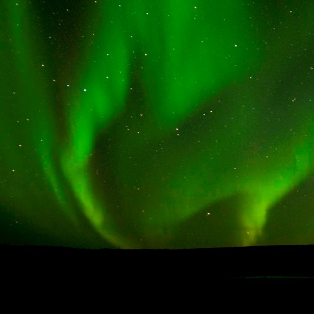 The bright green aurora dances in a starry sky.
